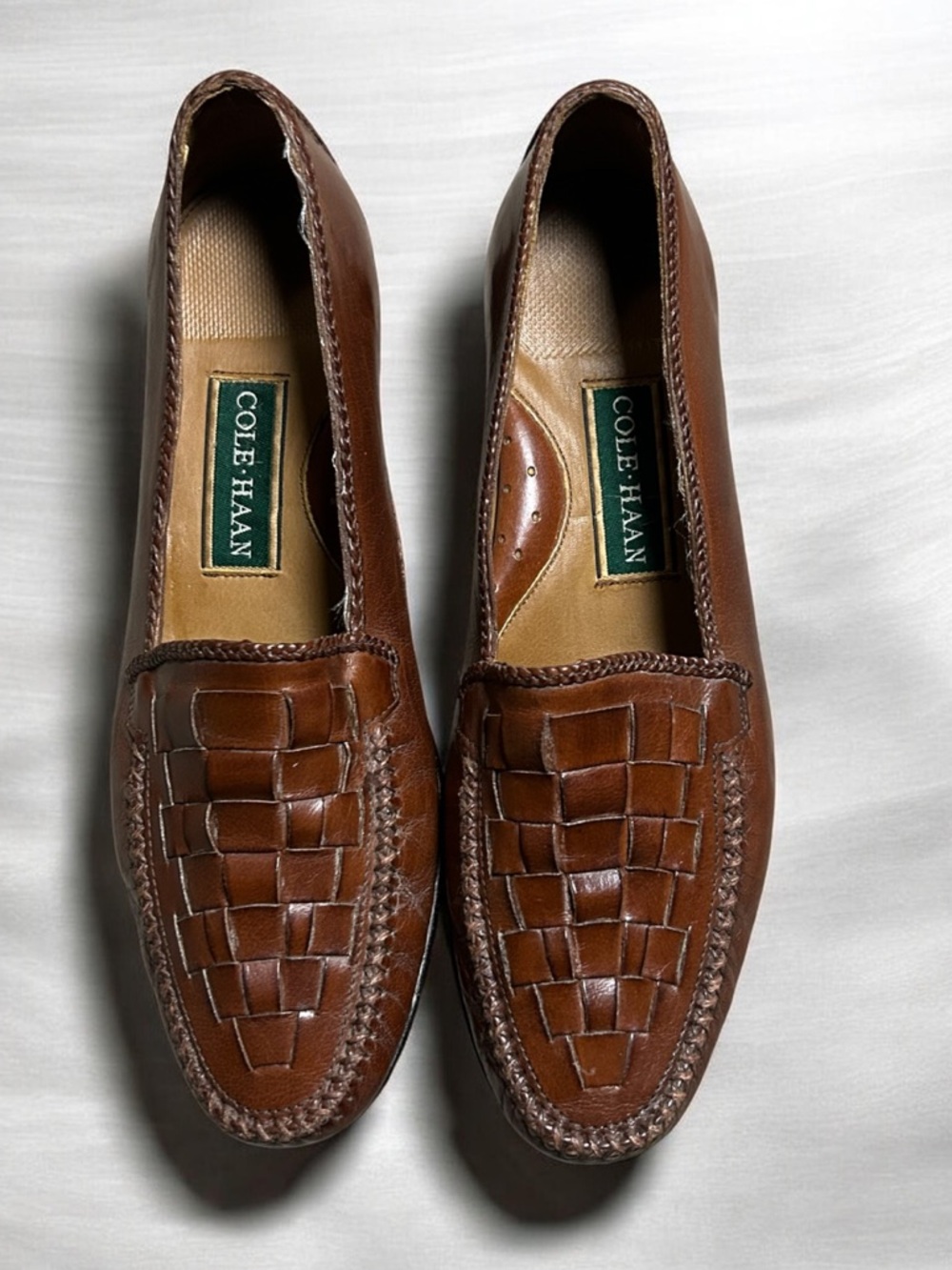 Vintage Cole Haan Classic Italian Leather Woven Loafers Size 9.5M Tan Brown